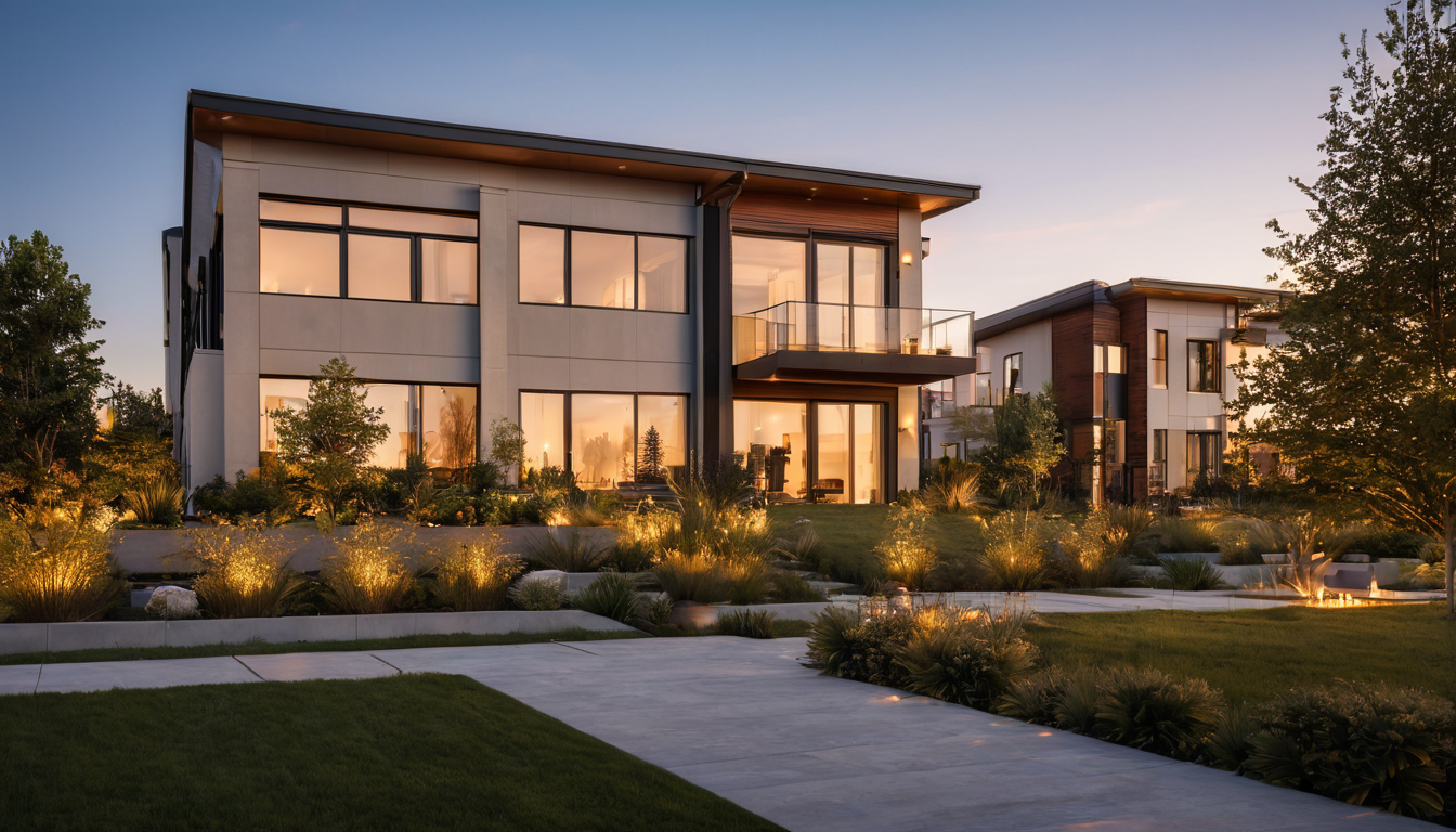 This image depicts a modern, multi-story residential building with a well-manicured lawn and garden.