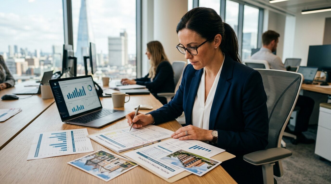 A woman in a business suit sits at a conference table, surrounded by papers and a laptop, with a city skyline visible through the window behind her.