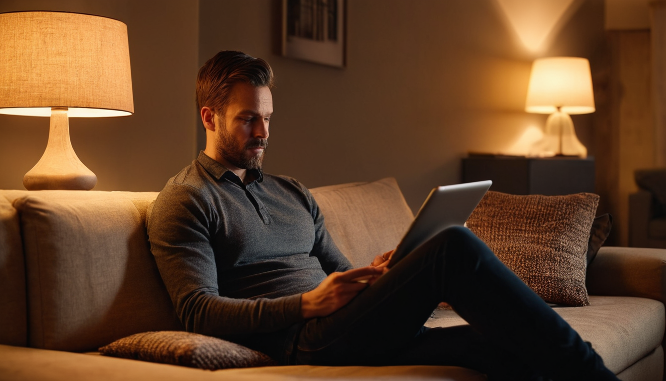 A man is sitting on a couch, using a tablet in a dimly lit room with lamps.
