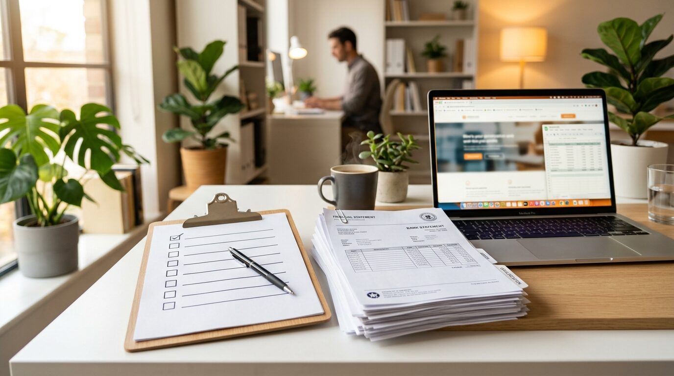A modern office desk with a laptop, papers, and plants, set against a blurred background of a man working at another desk.