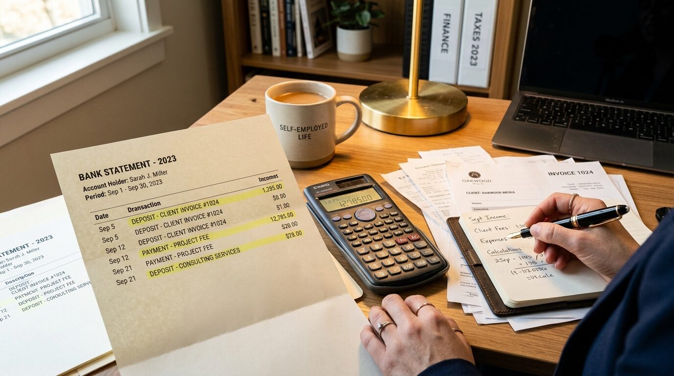 A person is working at a desk with a bank statement, calculator, and laptop, surrounded by papers and coffee.