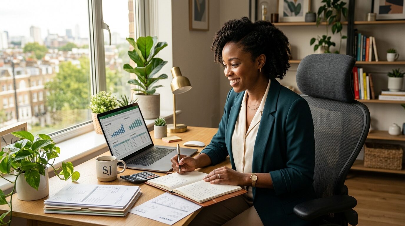 A woman sits at a desk in an office, surrounded by plants and a city view, working on a laptop with a notebook and papers.