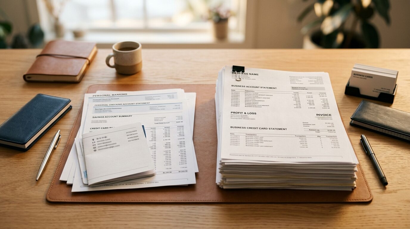 A desk with various office supplies and documents, including a stack of papers, a pen, a notebook, and a business card holder.