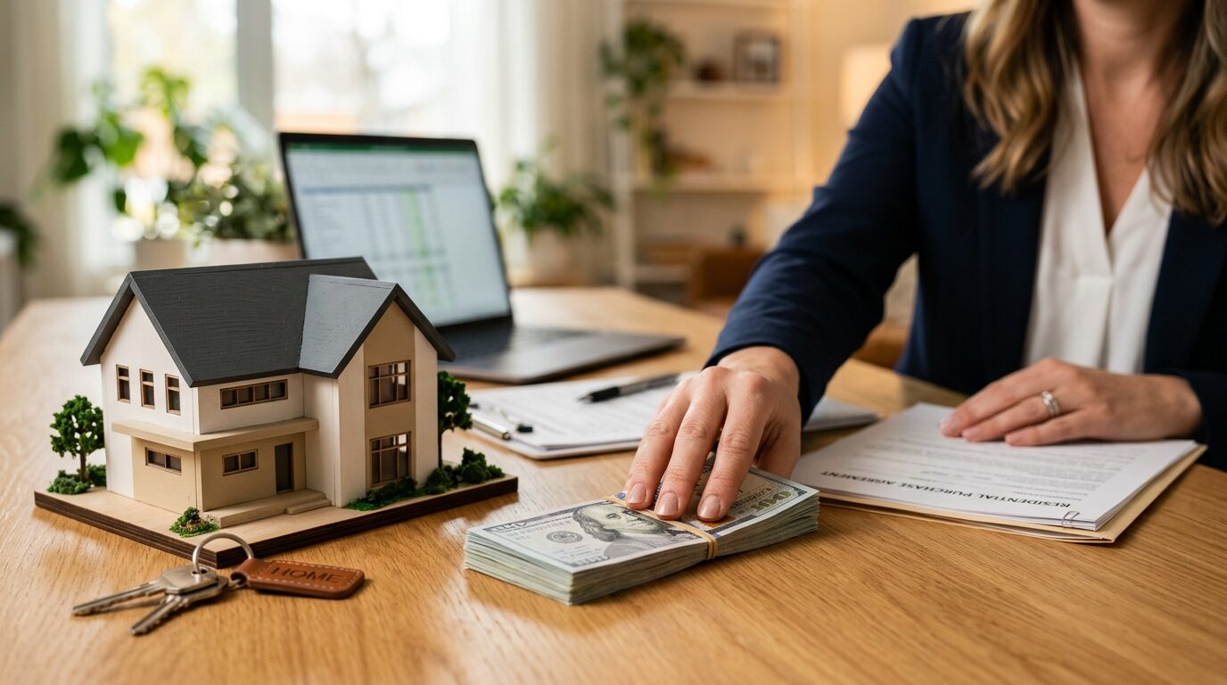 A woman in a business suit sits at a desk with a model house, a stack of money, and a laptop, suggesting she is a real estate agent or financial advisor.