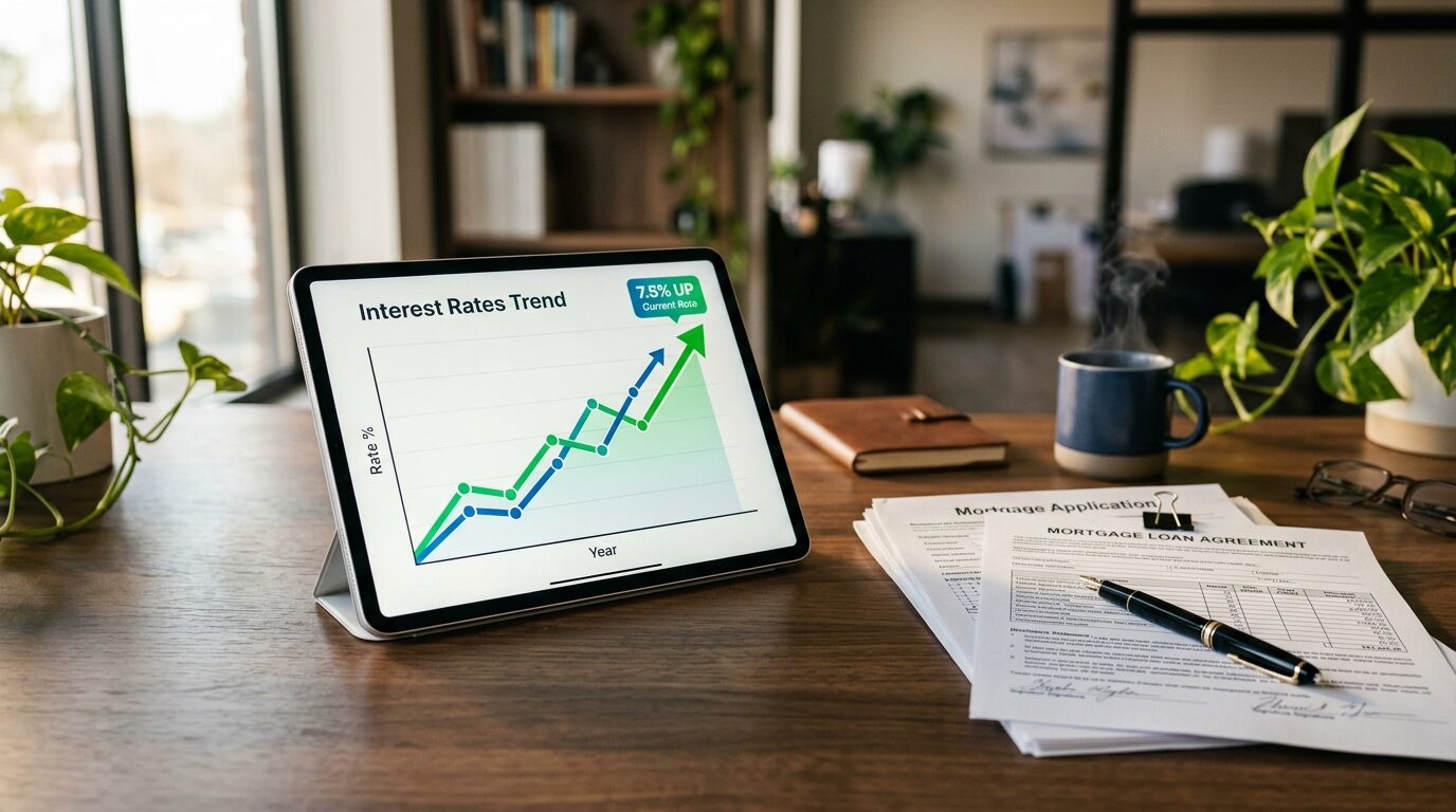 A tablet displaying an interest rates trend graph sits on a desk with a mortgage application form and other office supplies.