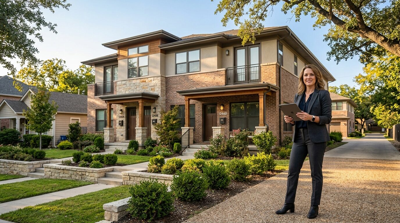 A woman in a business suit stands in front of a row of townhouses, holding a tablet.