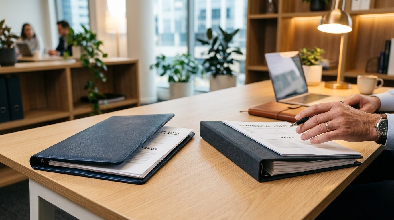 A man is preparing to sign a commercial loan application in a modern office setting.