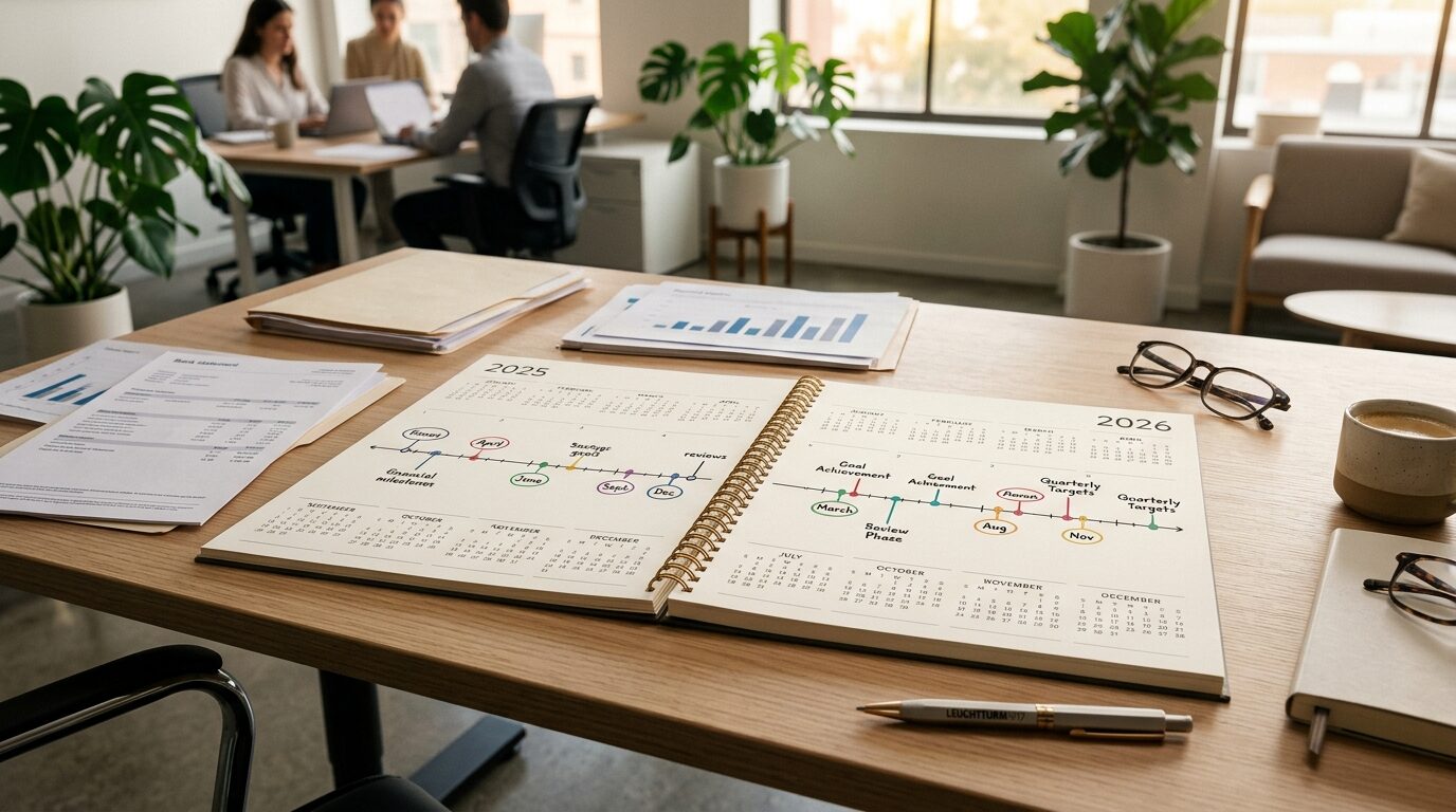 A spiral-bound planner on a desk in an office setting, with a calendar spread open to 2025 and 2026, surrounded by papers and office supplies.