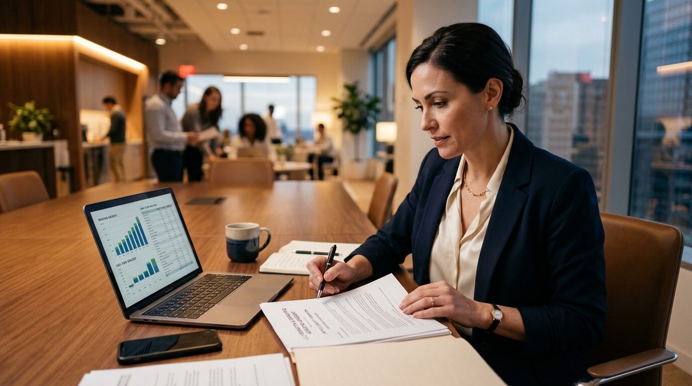 A woman in a business suit sits at a conference table, reviewing documents and using a laptop to analyze a bar graph on its screen.