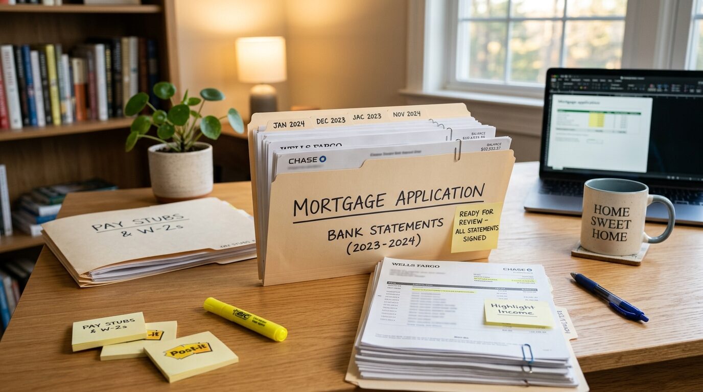 A desk is set up with a file folder labeled "Mortgage Application" and various documents and office supplies.