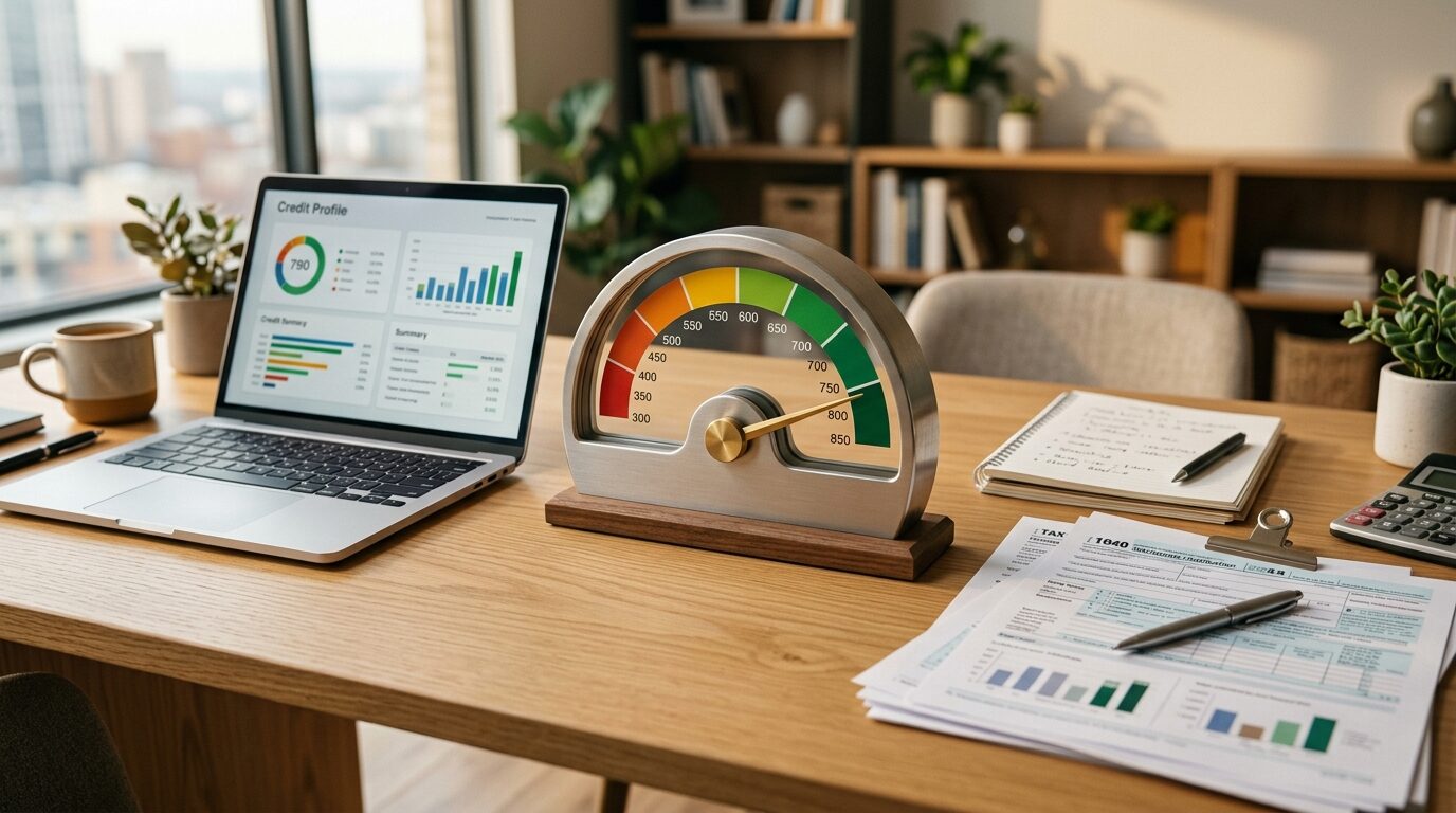 A desk in an office setting is cluttered with various items, including a laptop, credit score gauge, and tax forms.