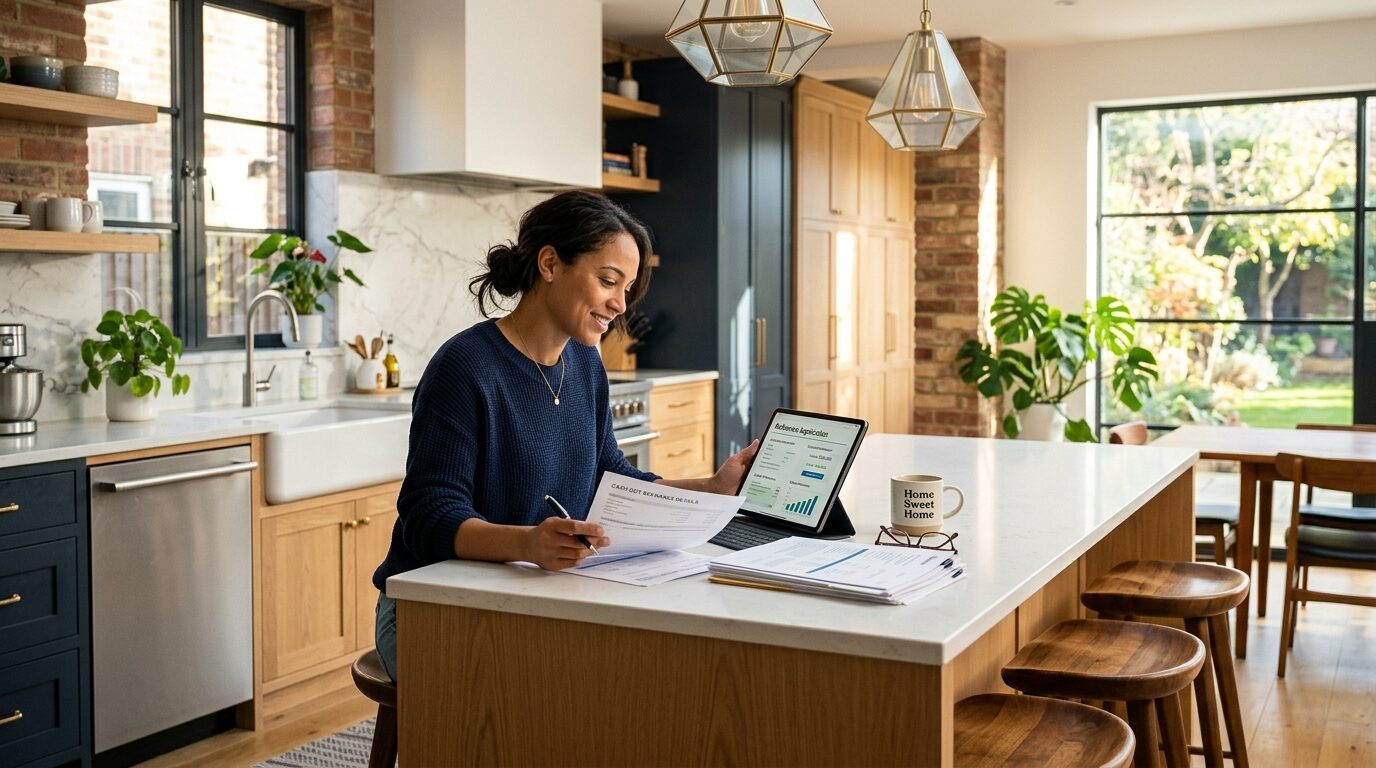 A woman sits at a kitchen island, working on a project with her laptop and papers.