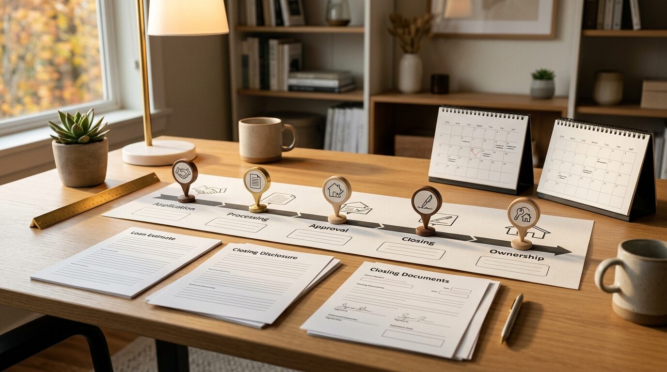 A desk in a home office is set up with various documents and tools for closing a real estate transaction.