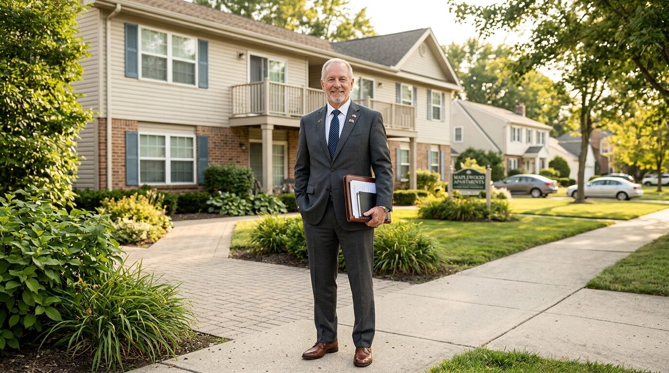 A man in a suit stands in front of a row of houses, holding a binder of papers.