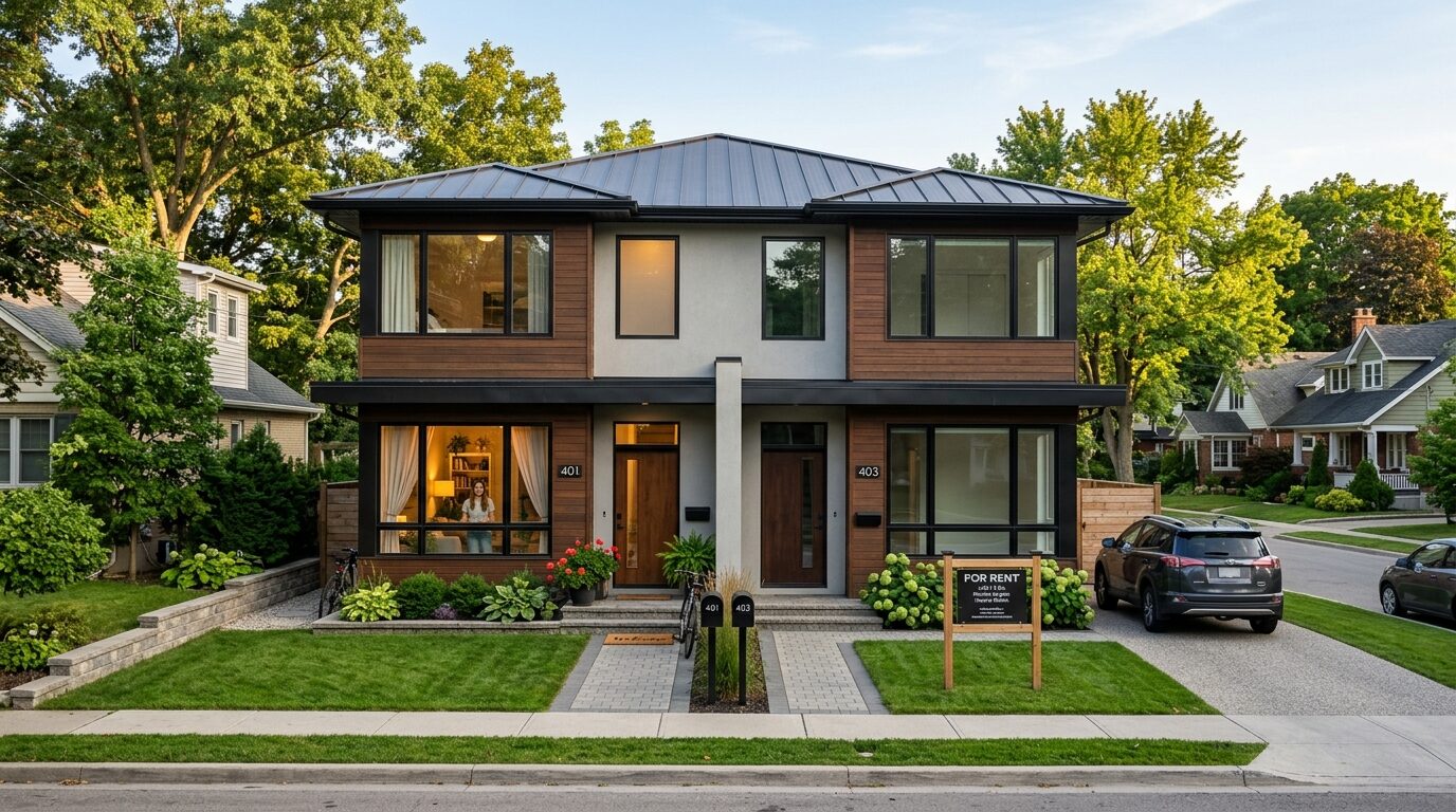 A modern two-story house with a brown and white exterior, featuring a front yard with a lawn and a "For Rent" sign.