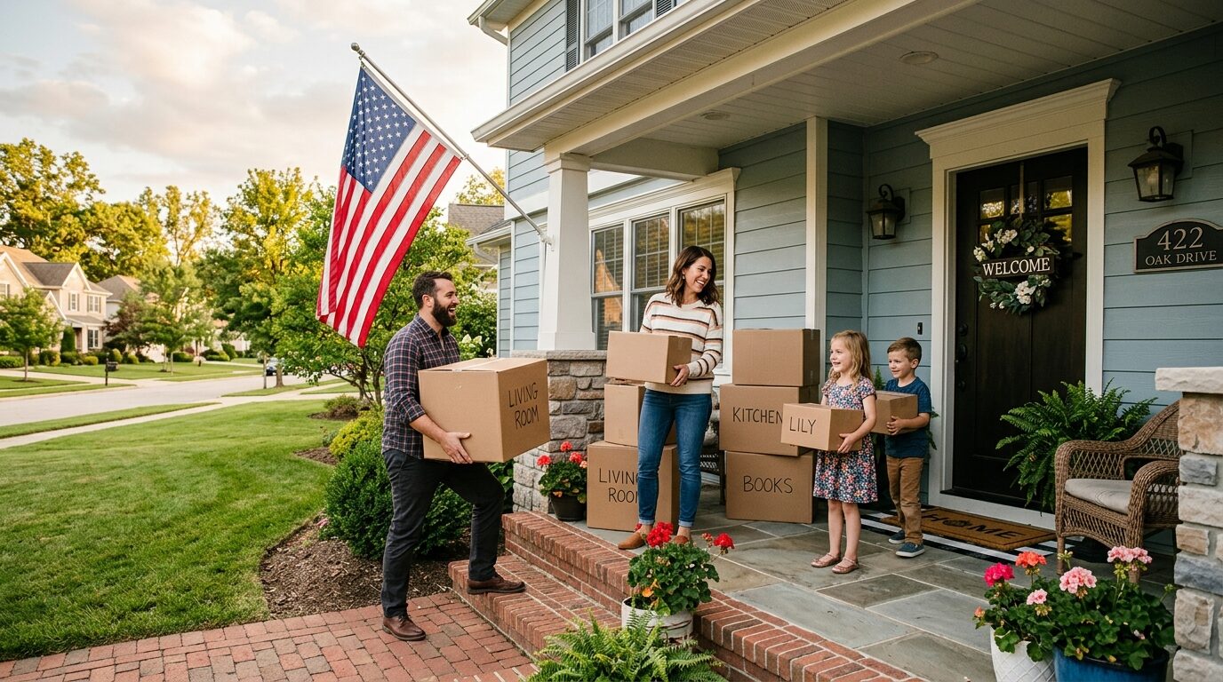 A family is moving into their new home, carrying boxes and smiling at each other on the front porch.