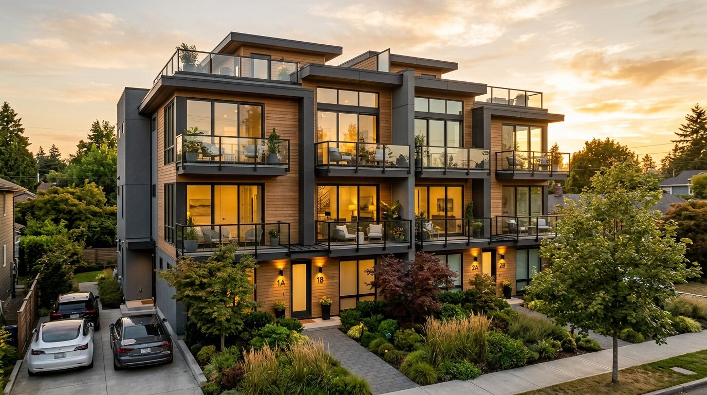 A modern, multi-story townhouse with a glass-enclosed balcony and a small, private parking area.