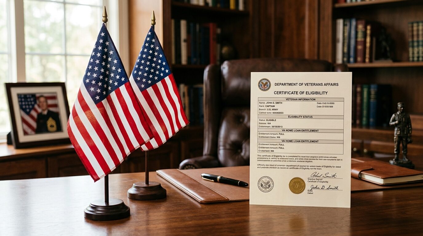 A certificate of eligibility for a home loan is displayed on a desk in a library-style office, flanked by two American flags.