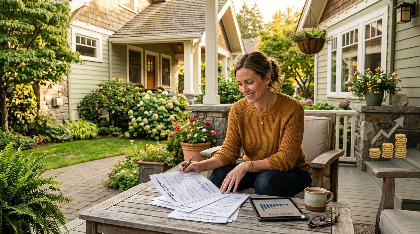 A woman sits on a porch, surrounded by papers and a tablet, working on her outdoor patio.