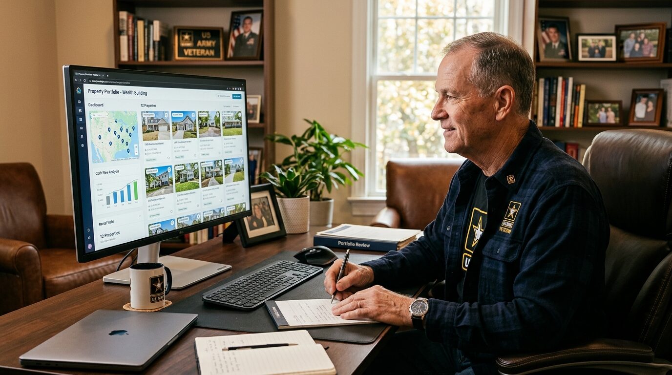 A man sits at a desk, wearing a US Army uniform, working on a computer with a screen displaying a property portfolio.