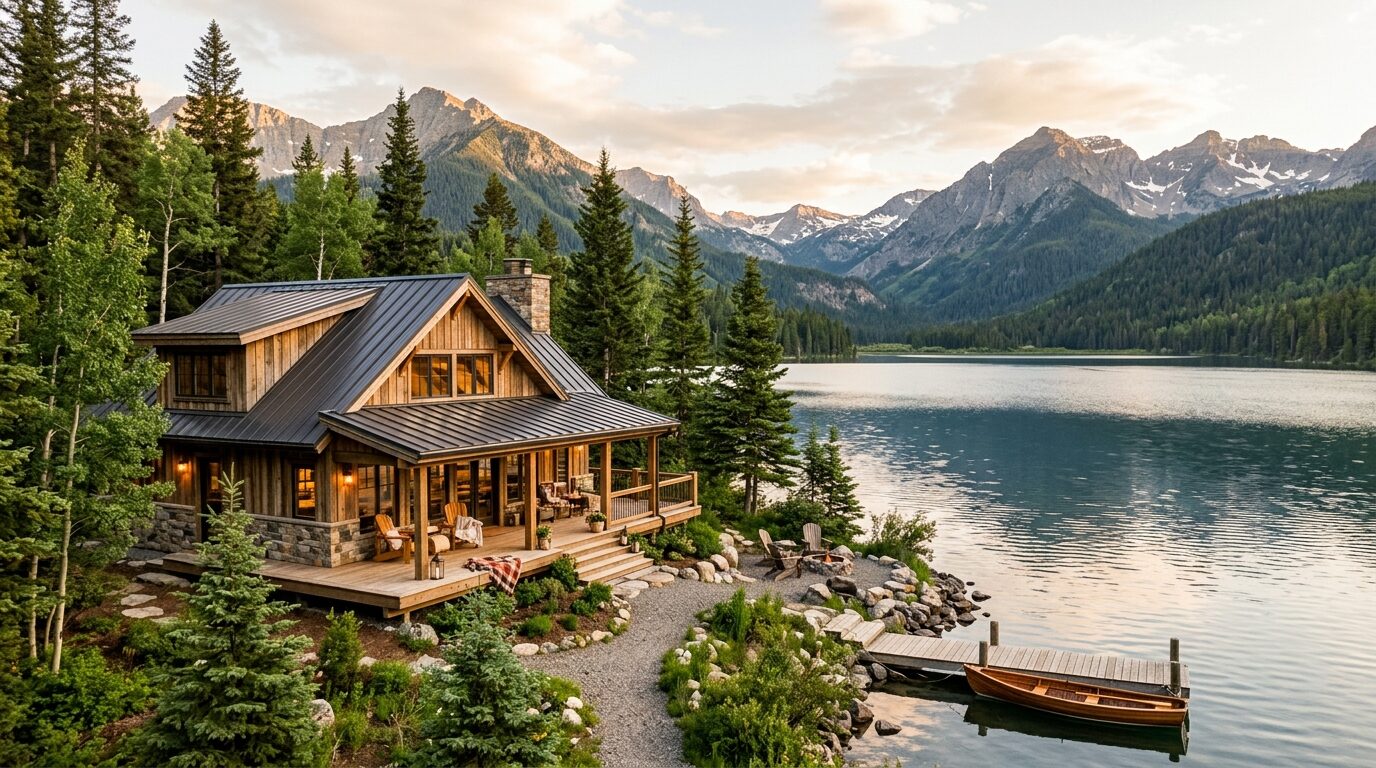 A cozy cabin on a lake's edge, surrounded by mountains, with a small boat docked in front.