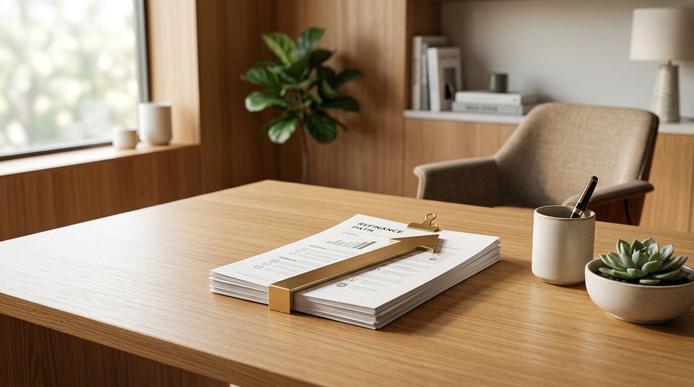 A modern office desk with a stack of papers, a pen holder, and a succulent plant, set against a background of wood paneling and a window.
