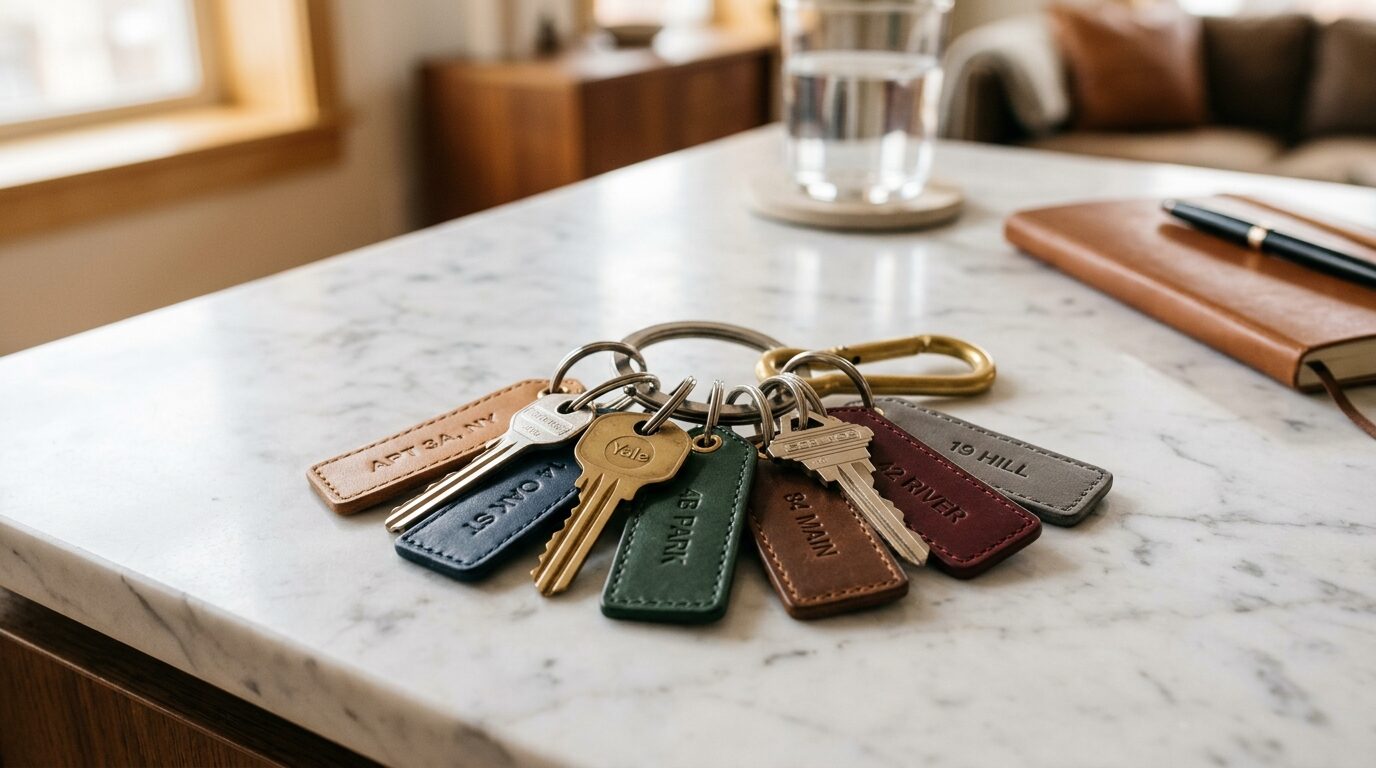 A set of keys on a keyring, each with a different colored leather tag, sits on a white marble countertop.