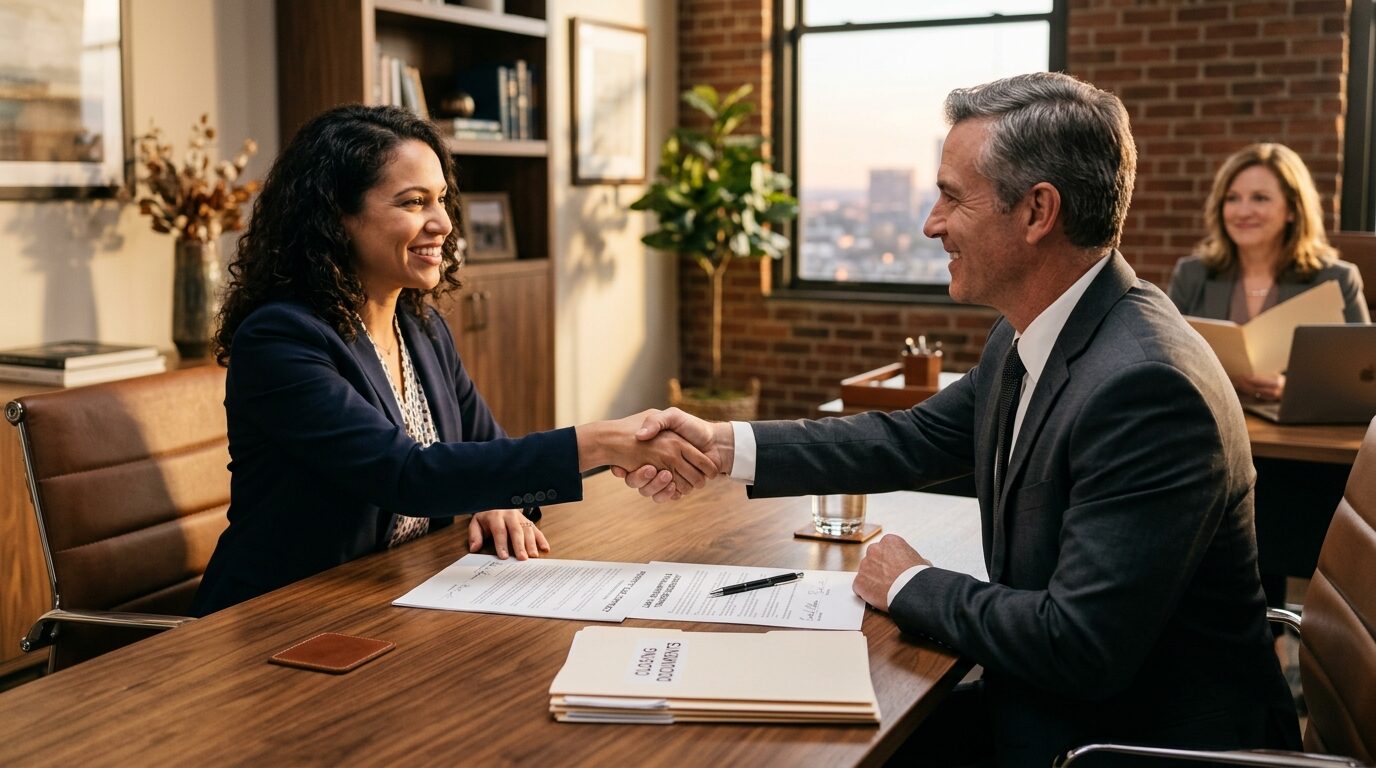 A man and woman shake hands over a desk in a professional office setting, surrounded by documents and colleagues.