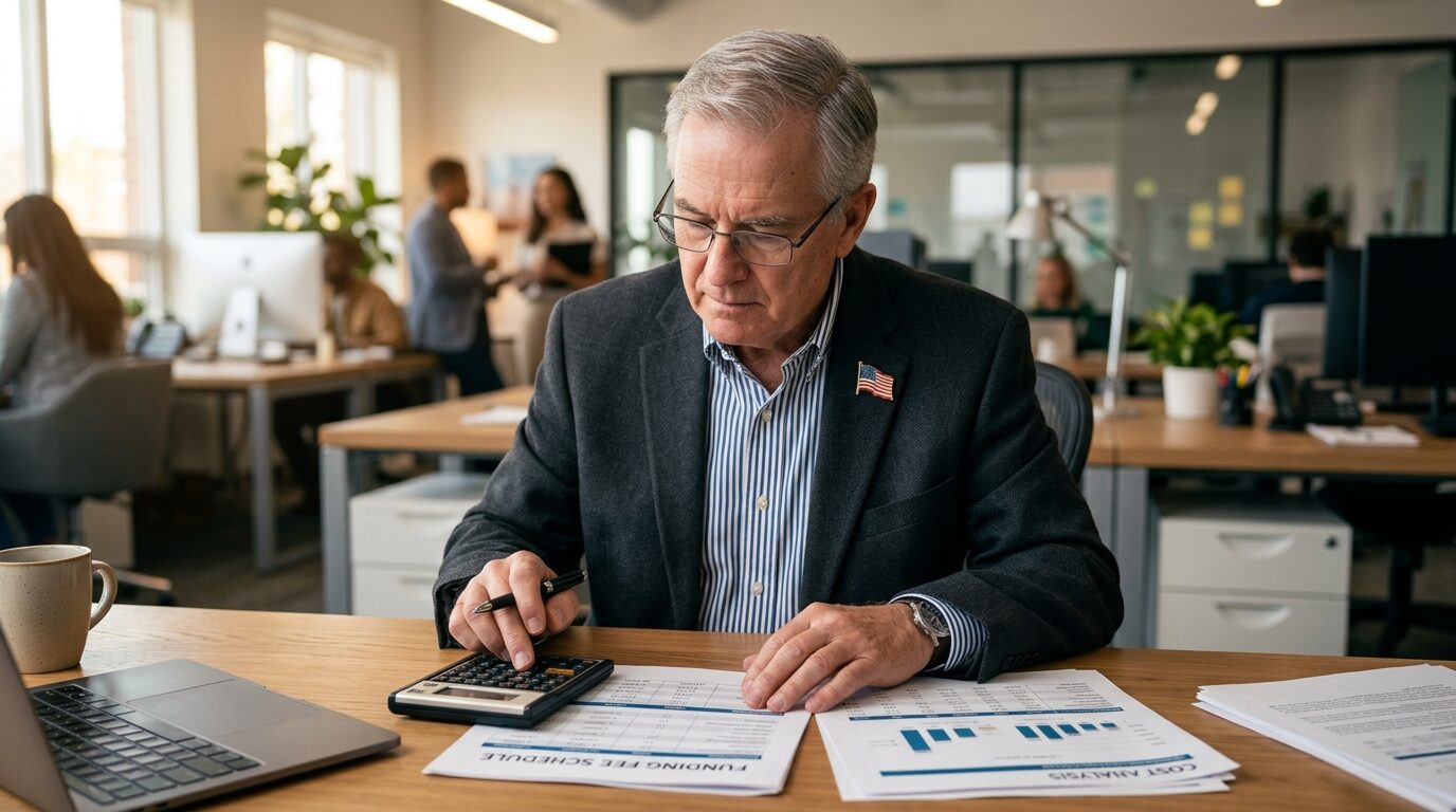 An older man in a suit jacket sits at a desk in an office, surrounded by papers and a calculator, likely working on a financial task.
