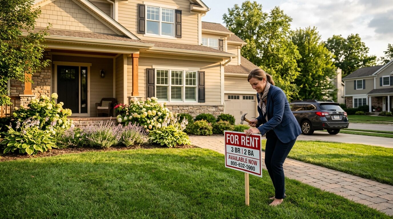 A woman is hammering a "For Rent" sign into the lawn of a house.