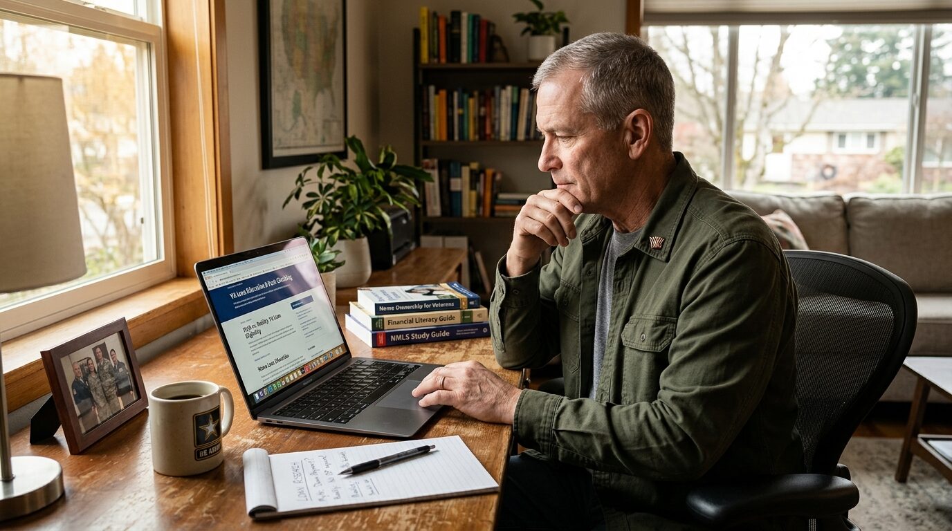 A man sits at a desk in front of a laptop, surrounded by books and a coffee mug, in a home office setting.