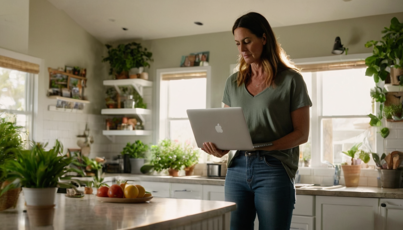 A woman stands in a kitchen, holding a laptop and surrounded by plants and fruit.