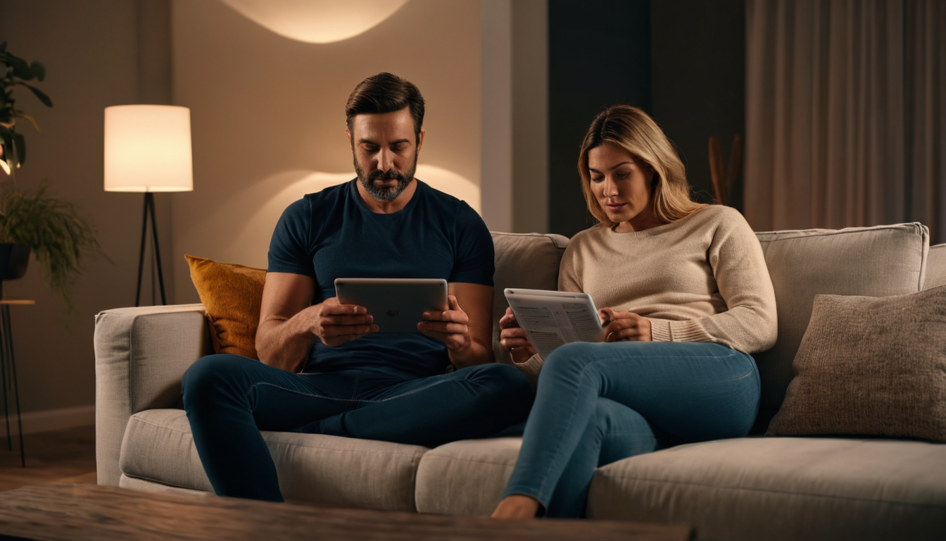 A man and woman sit on a couch, each holding an iPad, in a dimly lit room with a lamp and plants.