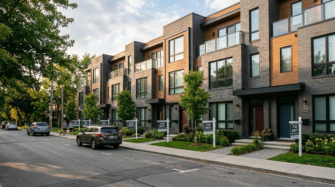 A row of townhouses with "For Rent" signs on the street, with cars and people in the background.