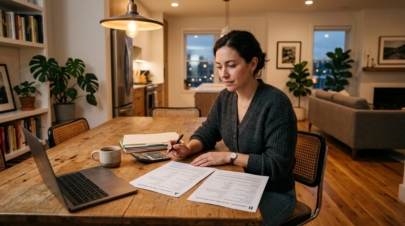 A woman sits at a wooden table, surrounded by papers, a laptop, and a coffee mug, working on her finances.