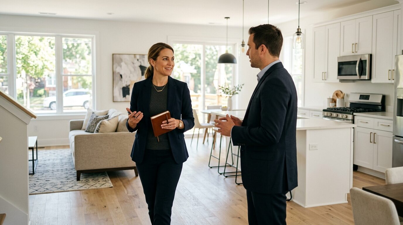 A woman in a business suit is walking through a living room with a man in a business suit, both holding a notebook and pen.