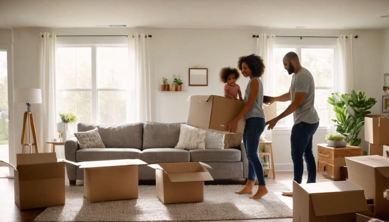 A family is moving into a new home, surrounded by boxes and furniture, with a focus on their living room.