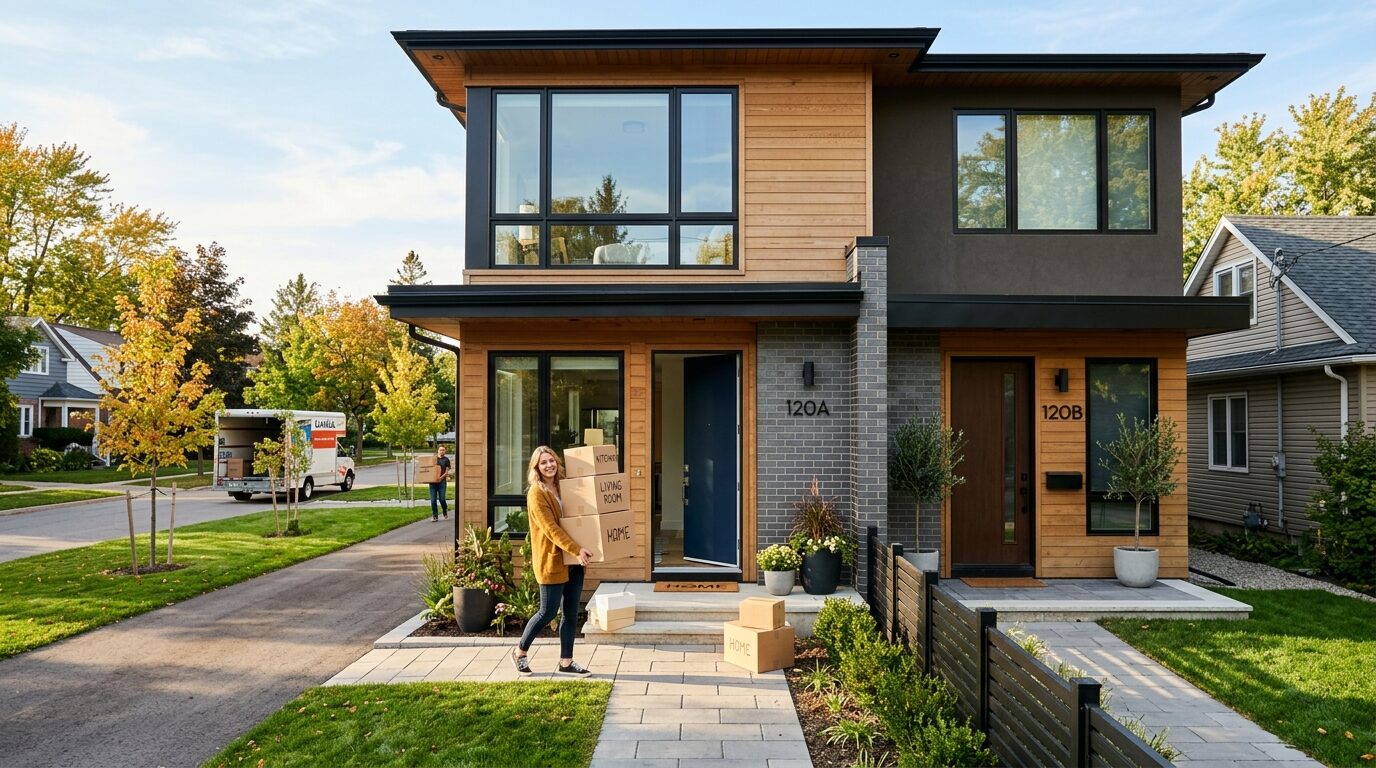 A woman is carrying boxes into a modern two-story house with a brown and gray exterior.