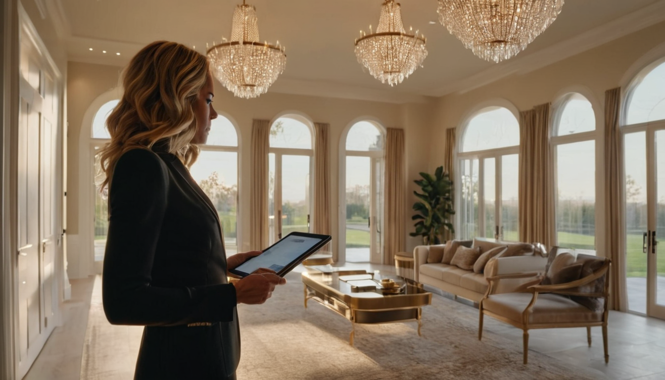 A woman in a formal suit holds a tablet in a living room with a large window and chandeliers.