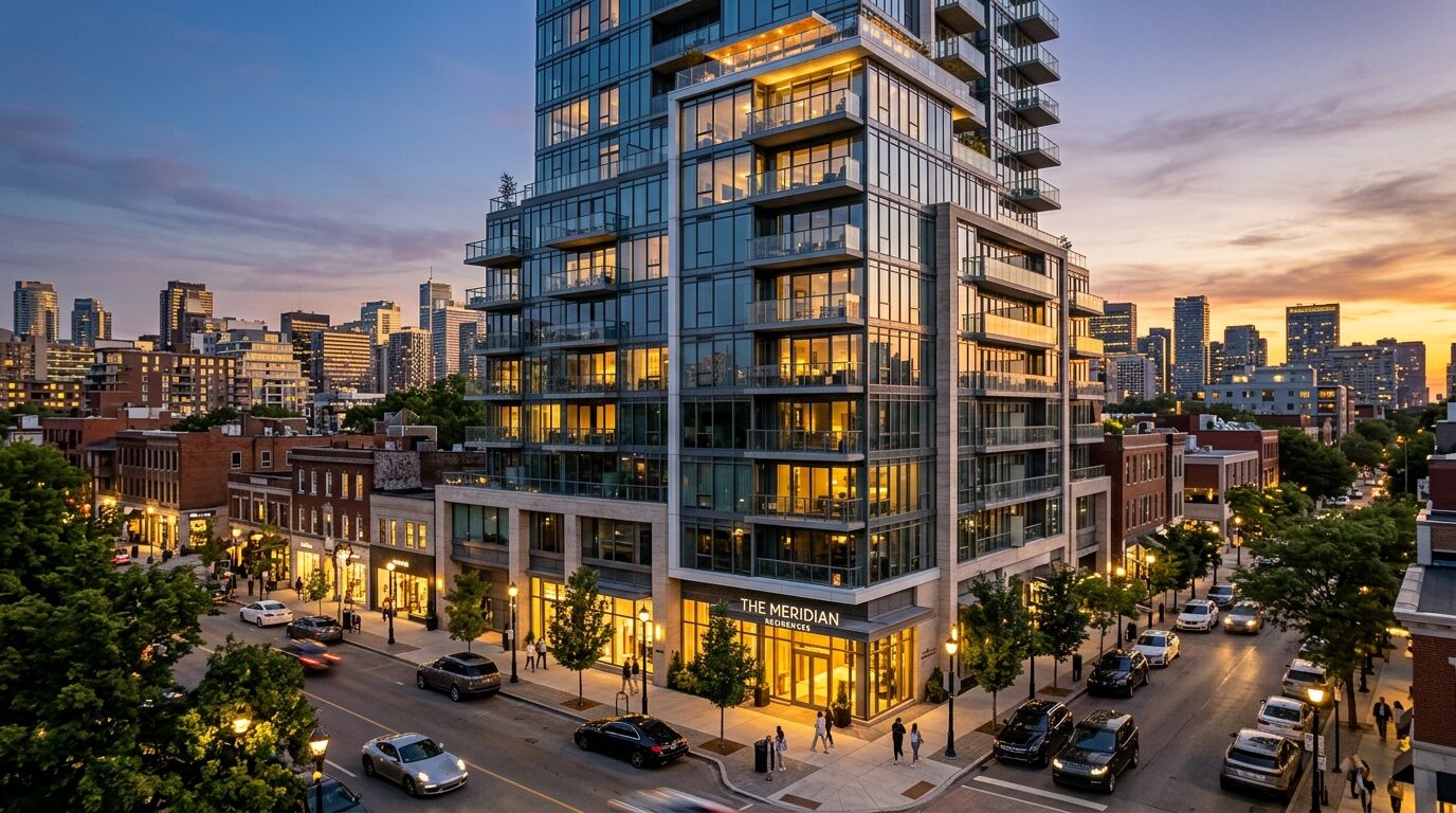 The image shows a modern glass and steel high-rise building in a city, with a street below and a city skyline in the background.