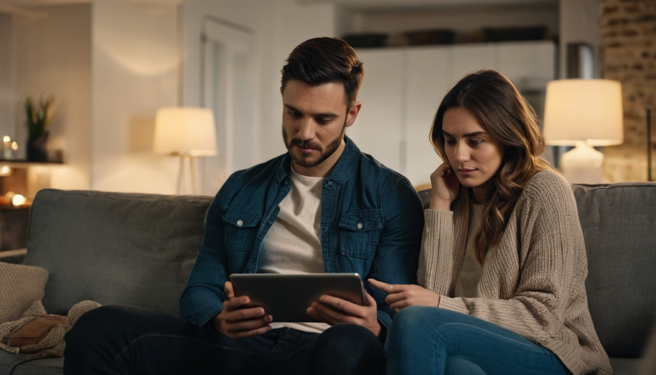 A man and woman sit on a couch, both looking at a tablet in the man's hands.