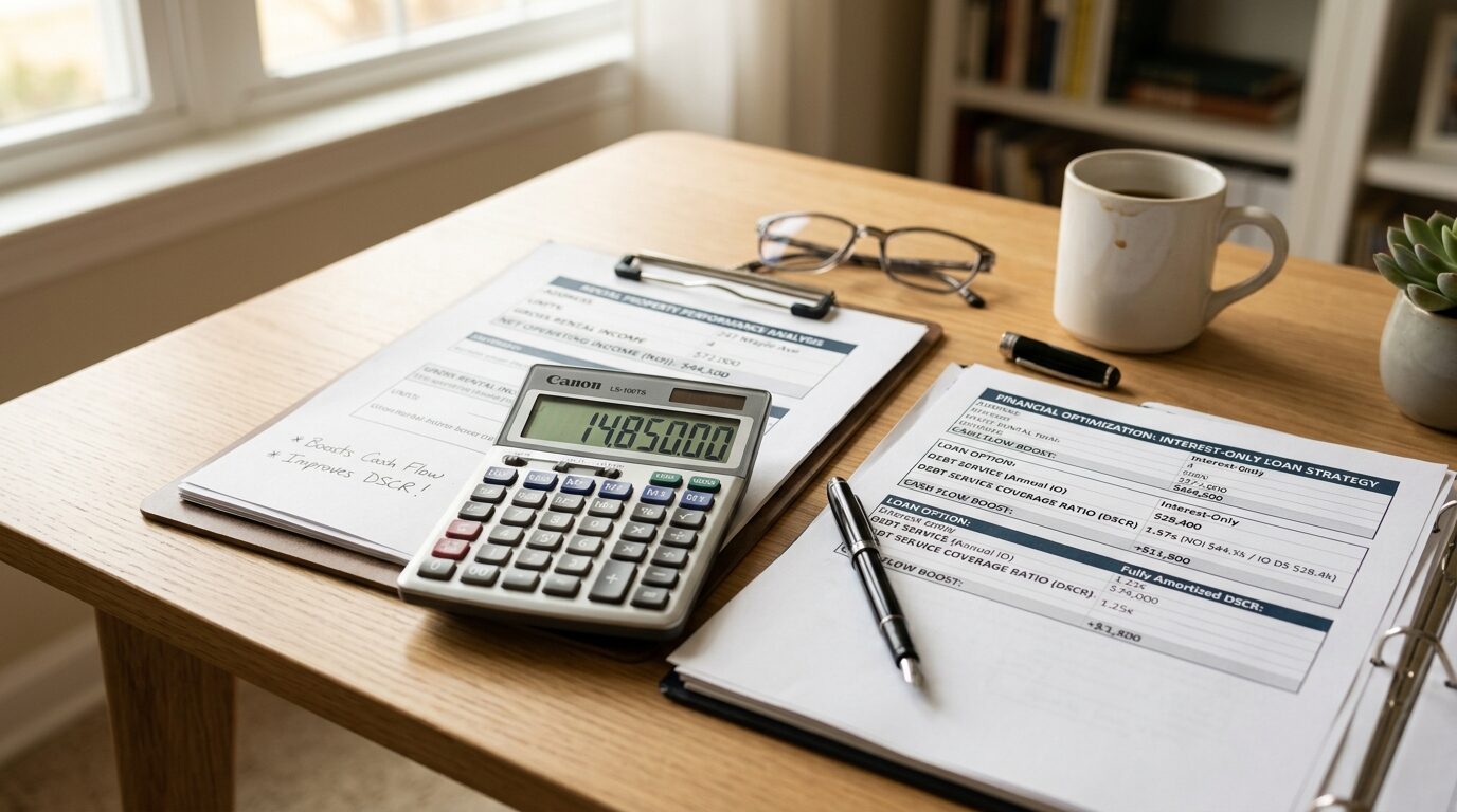 A desk with financial documents, a calculator, and a pen, set against a background of a window and bookshelf.