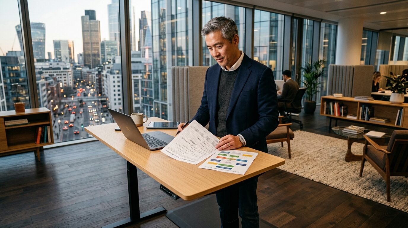 A man in a business suit stands at a desk in an office, reviewing papers while looking at a laptop screen.