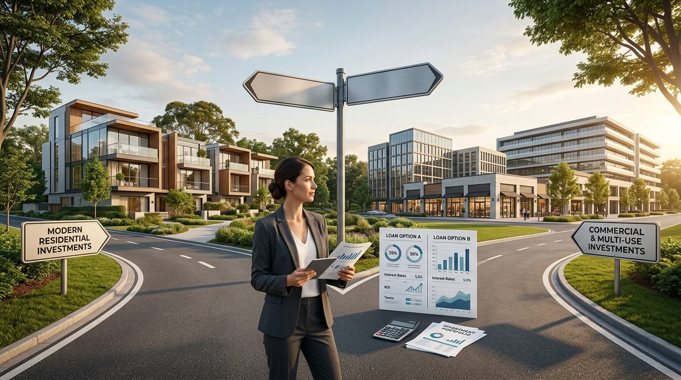 A woman in a business suit stands on a road with a fork in the road, holding a tablet and papers, with signs indicating modern residential and commercial investments.