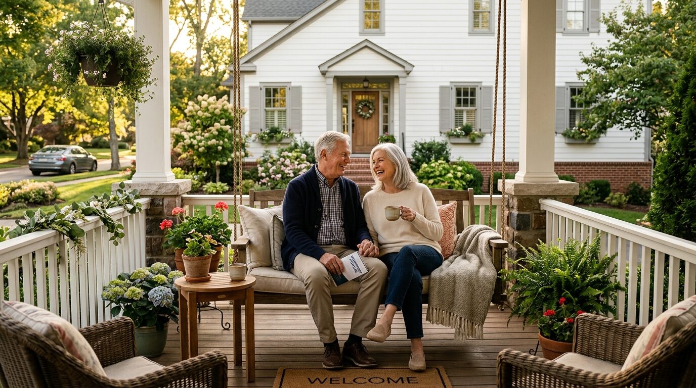 An elderly couple sits on a porch swing, enjoying a moment together on their porch.