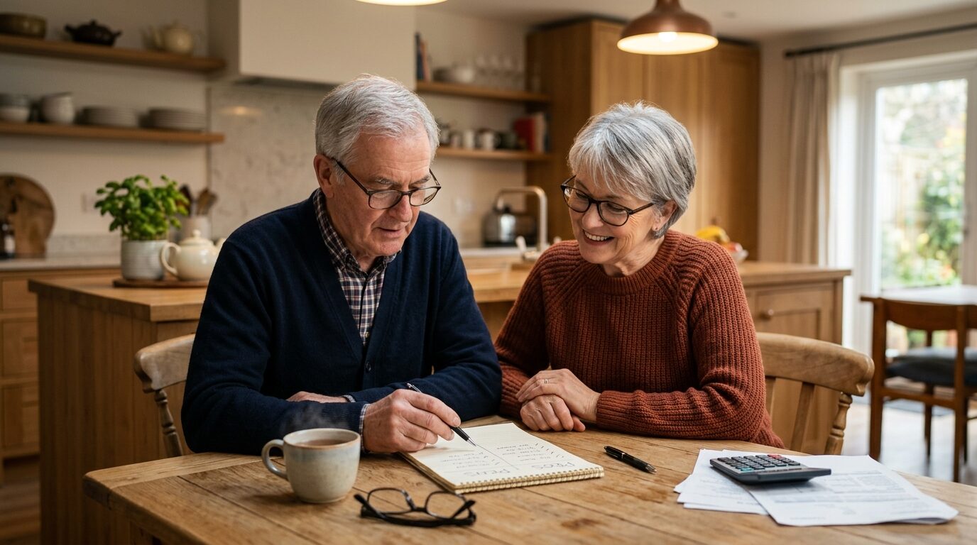 An older couple sits at a wooden table, reviewing a notebook and papers in a kitchen.