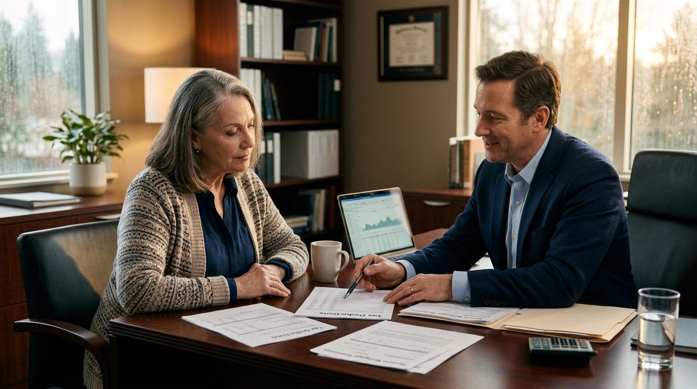 A man and woman are sitting at a desk, reviewing tax documents together in a professional office setting.