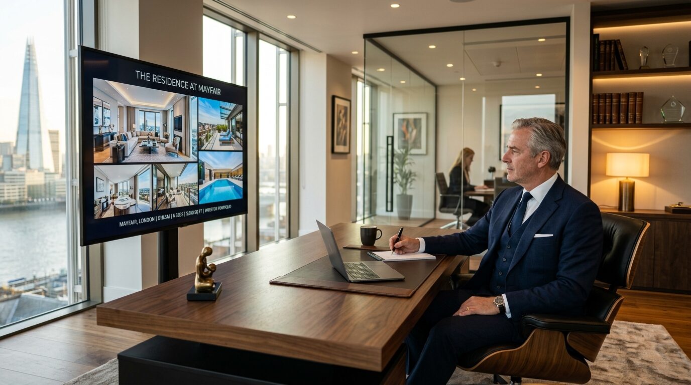 A man in a suit sits at a desk in front of a screen displaying a real estate presentation.