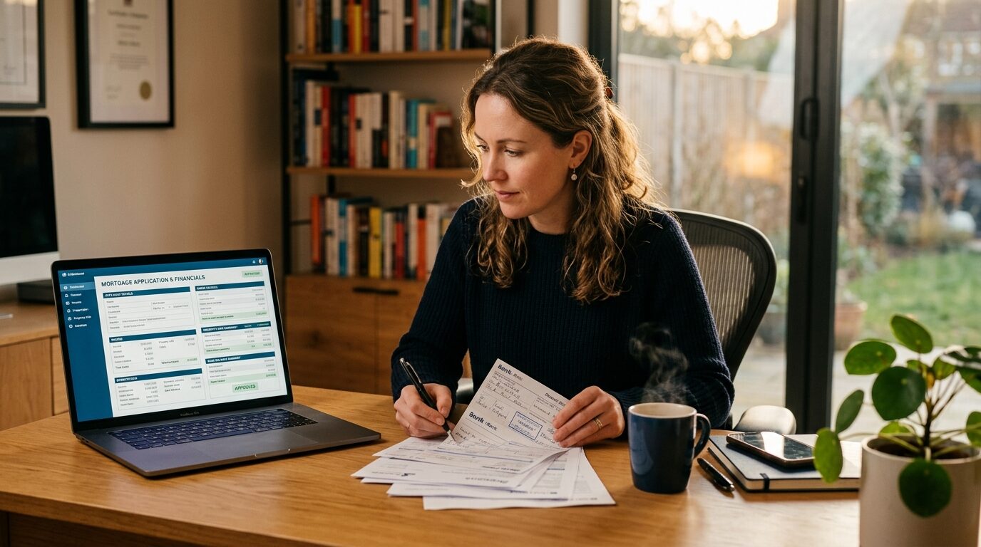 A woman sits at a desk, working on a mortgage application, with a laptop, papers, and a cup of coffee nearby.
