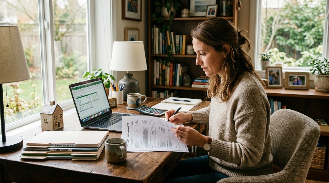 A woman sits at a desk, surrounded by papers and a laptop, working on a document in a home office.